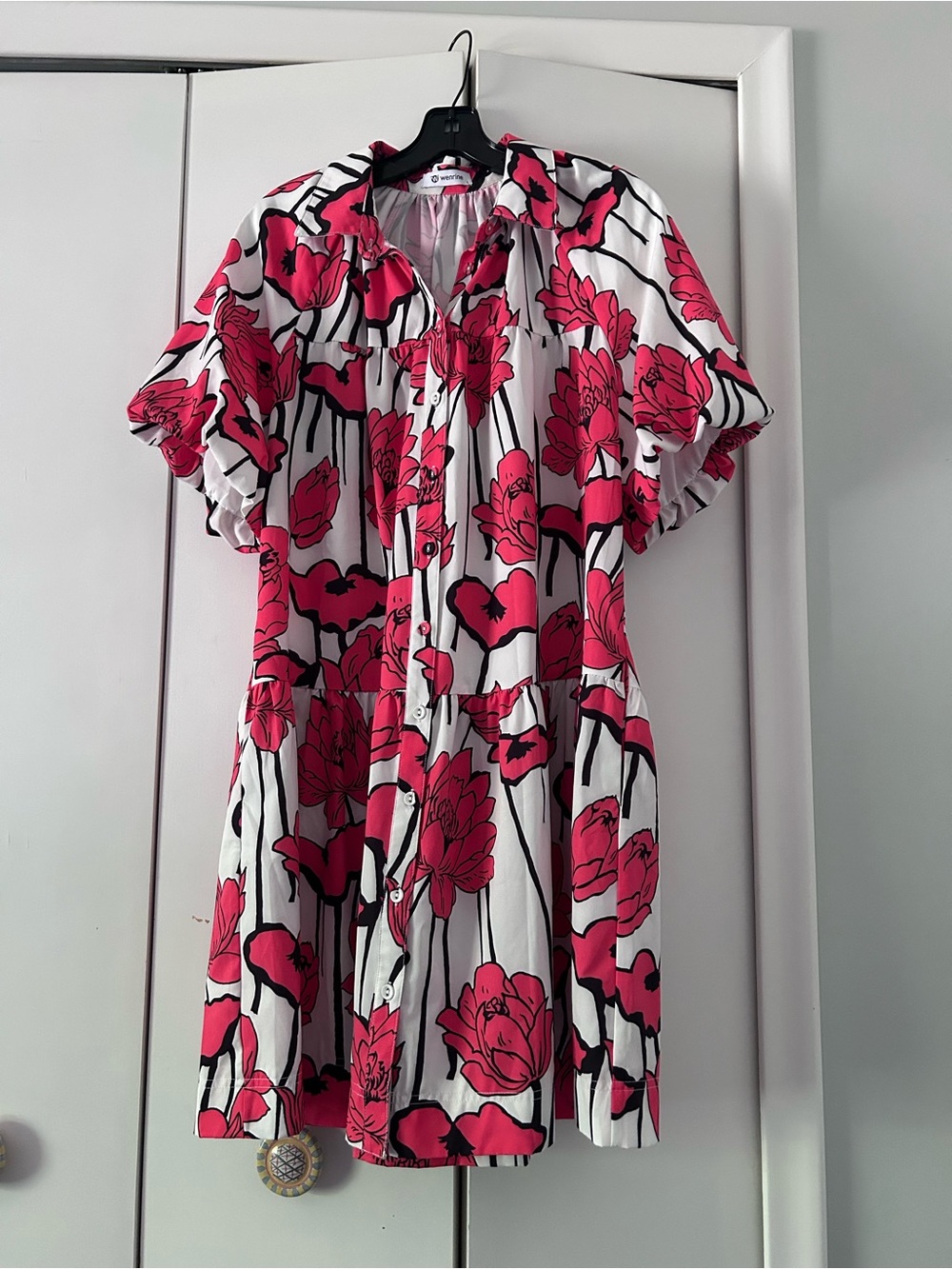 Floral Button-Front Coral and White Women’s Dress